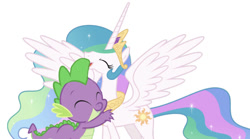 Size: 650x362 | Tagged: safe, artist:chrzanek97, edit, editor:undeadponysoldier, character:princess celestia, character:spike, species:alicorn, species:dragon, species:pony, crown, cute, cutelestia, female, happy, hug, jewelry, male, marepony, momlestia, regalia, shipping, simple background, spikelestia, spread wings, straight, white background, wings