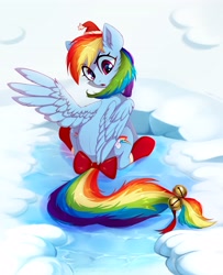 Size: 3320x4080 | Tagged: safe, artist:taneysha, character:rainbow dash, species:pegasus, species:pony, bells, both cutie marks, bow, cheek fluff, christmas, clothing, cute, dashabetes, ear fluff, female, hat, holiday, ice, looking back, mare, open mouth, rainbow dash always dresses in style, ribbon, santa hat, sitting, sleigh bells, snow, socks, solo, spread wings, wings