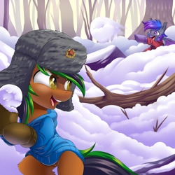 Size: 4000x4000 | Tagged: safe, artist:ask-colorsound, oc, oc only, oc:grey, oc:patutu, species:bat pony, species:earth pony, species:pony, clothing, duo, hammer and sickle, hat, hoodie, playing, russia, snow, snowball, snowball fight, ushanka, winter