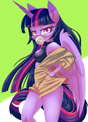 Size: 1800x2500 | Tagged: safe, artist:ask-colorsound, character:twilight sparkle, character:twilight sparkle (alicorn), species:alicorn, species:anthro, species:pony, armpits, bubblegum, cheek fluff, clothing, cute, female, food, gum, hand in pocket, lidded eyes, looking at you, mare, solo, sports bra, twiabetes, wing fluff