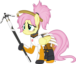 Size: 2427x2040 | Tagged: safe, artist:anime-equestria, character:fluttershy, species:pegasus, species:pony, alternate hairstyle, blushing, boots, crossover, cute, female, hairband, halo, happy, mercy, mercyshy, overwatch, ponytail, shiny, shoes, shyabetes, simple background, smiling, solo, staff, transparent background, vector, wings