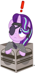 Size: 922x1897 | Tagged: safe, artist:anime-equestria, character:starlight glimmer, species:pony, species:unicorn, big boss, blushing, box, caught, clothing, cute, exclamation point, eyepatch, female, headband, horn, mare, metal gear, metal gear solid, naked snake, pony in a box, pouch, pouches, ripped, simple background, solid snake, solo, transparent background, vector