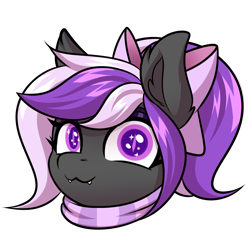 Size: 2000x2000 | Tagged: safe, artist:ask-colorsound, oc, oc only, oc:nightwalker, species:pony, :3, bow, clothing, cute, cute little fangs, emotes, fangs, hair bow, looking at you, scarf, simple background, slit eyes, slit pupils, transparent background