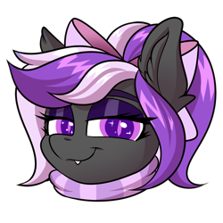 Size: 2000x2000 | Tagged: safe, artist:ask-colorsound, oc, oc only, oc:nightwalker, species:pony, bow, clothing, emotes, fangs, hair bow, looking at you, scarf, simple background, slit eyes, slit pupils, smug, solo, transparent background
