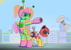 Size: 1063x752 | Tagged: safe, artist:trackheadtherobopony, oc, oc:goldheart, oc:trackhead, species:pony, arm cannon, blade, robot, robot pony