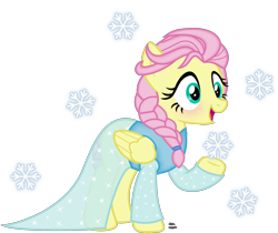 Size: 2152x1804 | Tagged: safe, artist:anime-equestria, character:fluttershy, species:pegasus, species:pony, alternate hairstyle, blushing, braid, clothing, cute, disney, dress, elsa, female, frozen (movie), hairband, happy, long sleeves, mare, open mouth, parody, shyabetes, simple background, snow, snowflake, solo, sparkles, transparent background, vector, wings