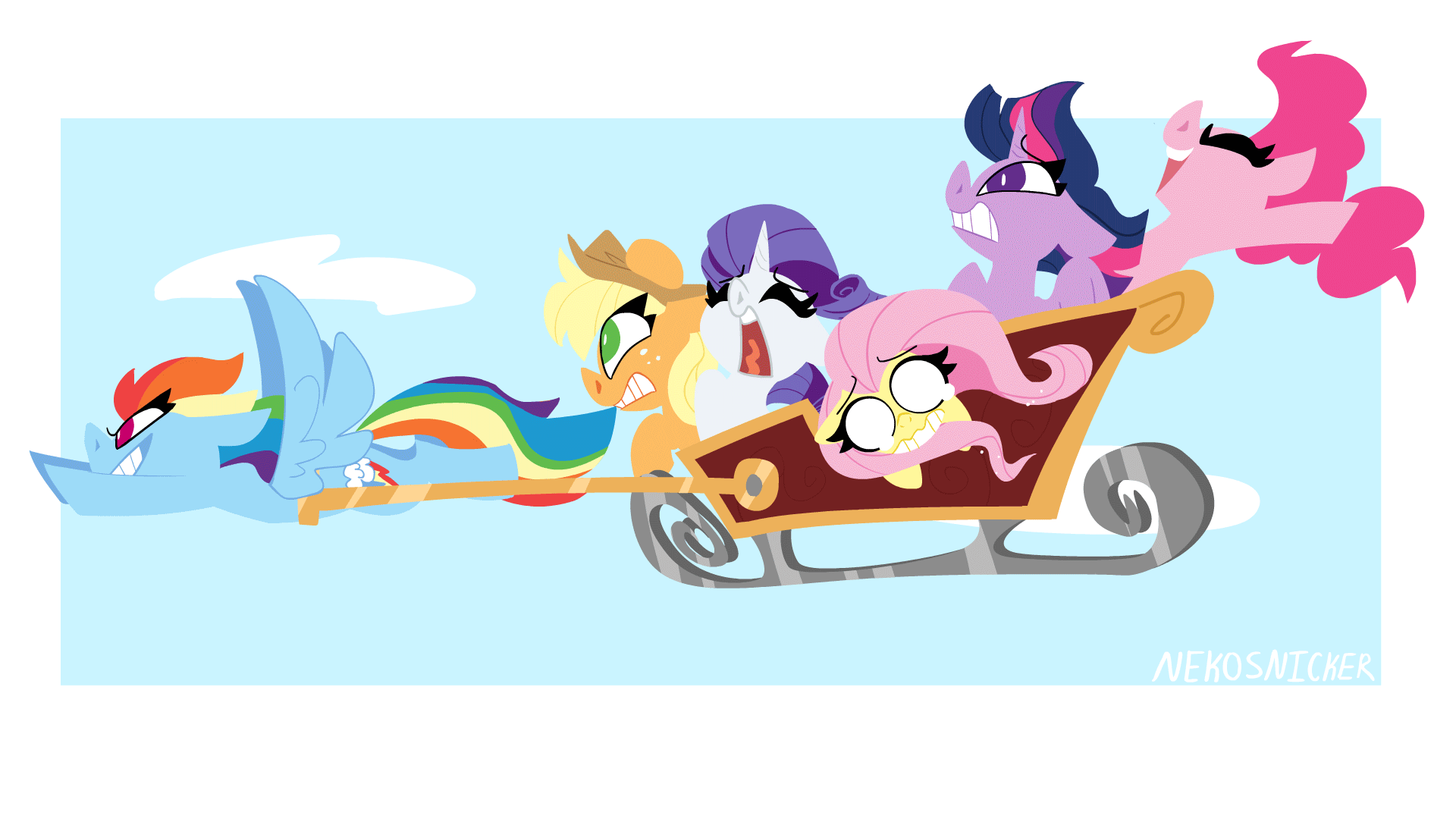 Size: 1920x1080 | Tagged: safe, artist:nekosnicker, character:applejack, character:fluttershy, character:pinkie pie, character:rainbow dash, character:rarity, character:twilight sparkle, character:twilight sparkle (alicorn), species:alicorn, species:earth pony, species:pegasus, species:pony, species:unicorn, animated, christmas, clothing, cowboy hat, crying, dashing through the snow, female, flying, gif, gritted teeth, hat, hearth's warming, holiday, it's a pony kind of christmas, jingle bells, mane six, mare, pinkie pie is amused, sleigh, varying degrees of amusement, varying degrees of want