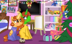 Size: 1024x623 | Tagged: safe, artist:doraeartdreams-aspy, base used, oc, oc:aspen, oc:ryan, species:alicorn, species:pony, alicorn oc, blushing, bodysuit, catsuit, christmas, christmas lights, christmas tree, couple, cute, hearth's warming, hippie, holiday, holly, holly mistaken for mistletoe, jewelry, latex, latex suit, love, necklace, peace suit, peace symbol, plushie, romantic, rubber suit, ryspen, tree