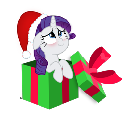 Size: 2621x2435 | Tagged: safe, artist:anime-equestria, character:rarity, species:pony, species:unicorn, :3, adorable face, blushing, bow, box, christmas, clothing, cute, female, hat, holiday, horn, mare, pony in a box, present, raribetes, simple background, smiling, solo, transparent background, vector, weapons-grade cute
