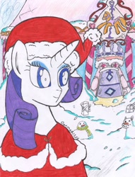 Size: 2512x3282 | Tagged: safe, artist:oatmeal155, character:rarity, species:pony, species:unicorn, carousel boutique, christmas, clothing, hat, hearth's warming, hearts warming day, holiday, santa hat, scarf, snow, snowpony