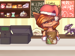Size: 2026x1524 | Tagged: safe, artist:honeybbear, oc, oc:pumpkin, species:pony, christmas, clothing, cookie, female, food, hat, holiday, mare, nocturnal howler, santa hat, send nudes, solo, we don't normally wear clothes