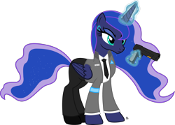 Size: 3096x2215 | Tagged: safe, artist:anime-equestria, character:princess luna, species:alicorn, species:pony, android, angry, armband, blue eyeshadow, clothing, crossover, cybernetic eyes, desert eagle, detroit: become human, dress shirt, eyeshadow, female, frown, gun, handgun, horn, jacket, levitation, magic, makeup, mare, necktie, pants, parody, robot, shirt, simple background, solo, sparkles, suit, telekinesis, transparent background, vector, weapon, wings