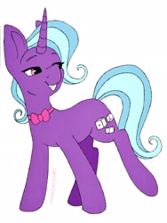 Size: 1536x2047 | Tagged: safe, artist:incendiaryboobs, oc, oc:roulette, parent:starlight glimmer, parent:trixie, parents:startrix, species:pony, species:unicorn, bow tie, magical lesbian spawn, male, offspring, simple background, solo, stallion, white background