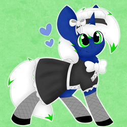 Size: 3000x3000 | Tagged: safe, artist:miss-jessiie, oc, oc:mimic, species:changeling, species:pony, species:unicorn, bow, clothing, crossdressing, fishnets, hybrid, maid, male, socks, solo, stallion, submissive, ych result