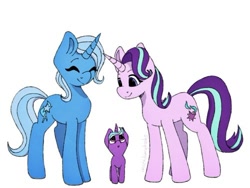 Size: 500x375 | Tagged: safe, artist:incendiaryboobs, character:starlight glimmer, character:trixie, oc, oc:roulette, parent:starlight glimmer, parent:trixie, parents:startrix, ship:startrix, family, female, lesbian, magical lesbian spawn, offspring, shipping, simple background, white background