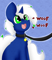 Size: 3000x3472 | Tagged: safe, artist:miss-jessiie, oc, oc only, oc:mimic, species:pony, species:unicorn, abstract background, barking, behaving like a dog, collar, happy, leash, looking up, male, pet play, playful, sitting, solo, stallion, tail