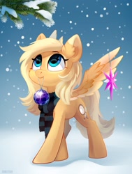 Size: 2500x3300 | Tagged: safe, artist:taneysha, oc, oc only, oc:mirta whoowlms, species:pegasus, species:pony, christmas ball, clothing, female, looking up, mare, mouth hold, one wing out, ornament, scarf, smiling, snow, snowfall, solo, standing, three quarter view, tree, wings