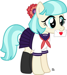 Size: 1504x1684 | Tagged: safe, artist:anime-equestria, character:coco pommel, species:earth pony, species:pony, g4, blushing, clothing, cocobetes, crossover, cute, envelope, female, happy, heart, letter, long socks, love, love letter, mare, miniskirt, mouth hold, necktie, parody, pleated skirt, sailor uniform, school uniform, schoolgirl, simple background, skirt, socks, solo, transparent background, uniform, vector, yandere, yandere simulator