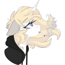 Size: 2048x2048 | Tagged: safe, artist:cinnamontee, oc, oc:tegan, species:pony, species:unicorn, bust, cigarette, clothing, ear piercing, earring, female, floppy ears, hoodie, jewelry, mare, piercing, portrait, simple background, smoking, solo, transparent background