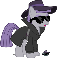 Size: 1909x1967 | Tagged: safe, artist:anime-equestria, character:boulder, character:maud pie, species:earth pony, species:pony, belt, belt buckle, clothing, collar, costume, detective, eyeshadow, female, hat, makeup, mare, open mouth, rock, simple background, solo, sunglasses, transparent background, trenchcoat, vector