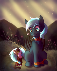 Size: 864x1080 | Tagged: safe, artist:zobaloba, oc, oc:guttatus, species:bat pony, species:pony, cat, cute, digital art, flower, forest, friendship, fullbody, grass, pet, rock, ych example, ych result, your character here