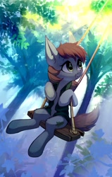Size: 2080x3275 | Tagged: safe, artist:taneysha, oc, oc only, oc:kova, species:earth pony, species:pony, crepuscular rays, female, forest, looking up, mare, outdoors, solo, sun, swing, swinging, tree