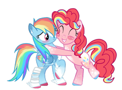 Size: 867x643 | Tagged: safe, artist:incendiaryboobs, character:pinkie pie, character:rainbow dash, species:earth pony, species:pegasus, species:pony, ship:pinkiedash, alternate hairstyle, bandage, bipedal, blushing, cute, eyes closed, female, freckles, lesbian, mare, markings, raised hoof, raised leg, redesign, shipping, simple background, transparent background, unshorn fetlocks