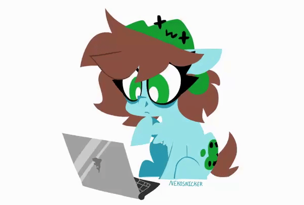 Size: 600x404 | Tagged: safe, artist:nekosnicker, oc, oc only, oc:neko, species:earth pony, species:pony, 69 (number), animated, computer, gif, grin, heart, keyboard, laptop computer, nice, sharp teeth, simple background, smiling, solo, teeth, white background