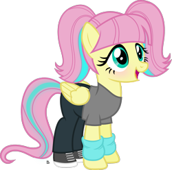 Size: 1653x1637 | Tagged: safe, artist:anime-equestria, character:fluttershy, species:pegasus, species:pony, 80s, alternate hairstyle, blushing, clothing, cute, female, glowing mane, happy, leg warmers, open mouth, pigtails, shirt, shoes, shyabetes, simple background, sneakers, solo, transparent background, vector, wings