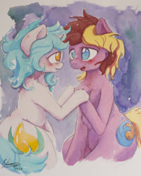 Size: 1024x1281 | Tagged: safe, artist:ruby, oc, oc:asha, oc:corduroy road, species:earth pony, species:pony, species:unicorn, female, male, mare, stallion, traditional art, watercolor painting, watercolour