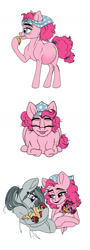 Size: 600x1658 | Tagged: safe, artist:celestial-rainstorm, character:marble pie, character:pinkie pie, oc, oc:cherry chimichanga, oc:confetti cake, parent:cheese sandwich, parent:pinkie pie, parents:cheesepie, species:earth pony, species:pony, baby, baby pony, belly, big belly, cute, eating, female, filly, foal, food, mama pinkie, muffin, offspring, pie sisters, preggy pie, pregnant, siblings, sisters, tongue out, twins