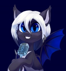 Size: 2372x2576 | Tagged: safe, artist:taneysha, oc, species:bat pony, species:pony, fangs, female, looking at you, mare, microphone, simple background, smiling, spread wings, wings