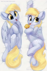 Size: 2731x4096 | Tagged: safe, artist:taneysha, character:derpy hooves, species:pegasus, species:pony, body pillow, body pillow design, cheek fluff, chest fluff, cute, derpabetes, ear fluff, female, food, high res, hnnng, mare, muffin, on back, open mouth, solo