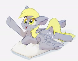 Size: 2500x1964 | Tagged: safe, artist:taneysha, character:derpy hooves, species:pegasus, species:pony, cheek fluff, chest fluff, cute, derpabetes, ear fluff, female, leg fluff, mare, open mouth, pillow, prone, simple background, solo, white background