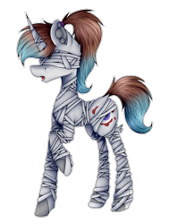 Size: 1200x1442 | Tagged: safe, artist:chazmazda, oc, oc only, species:pony, species:unicorn, art, bandage, blindfold, cartoon, commission, commissions open, digital art, dock, ear fluff, fullbody, horn, mummy, raised hoof, simple background, solo, transparent background, wings