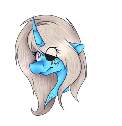 Size: 674x695 | Tagged: safe, artist:chazmazda, oc, oc only, species:alicorn, species:pony, art, black sclera, bust, cartoon, commission, commissions open, digital art, eye clipping through hair, eye scar, hair over one eye, horn, mismatched eyes, portrait, scar, simple background, solo, transparent background