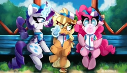 Size: 2048x1191 | Tagged: safe, artist:nekosnicker, part of a set, character:applejack, character:pinkie pie, character:rarity, species:earth pony, species:pony, species:unicorn, baseball, baseball cap, baseball jersey, bench, bubblegum, cap, clothing, eye clipping through hair, female, food, gum, hat, jersey, magic, mare, scenery, sitting, smiling, sports, telekinesis, trio