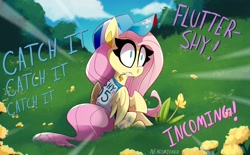 Size: 2048x1269 | Tagged: safe, artist:nekosnicker, part of a set, character:fluttershy, species:pegasus, species:pony, baseball, baseball cap, baseball jersey, cap, clothing, dialogue, female, flower, flower in mouth, grass, grazing, hat, herbivore, horses doing horse things, jersey, mare, mouth hold, scenery, solo, sports, this will end in pain, throwing things at fluttershy