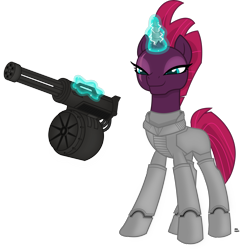 Size: 3145x3277 | Tagged: safe, artist:anime-equestria, character:tempest shadow, species:pony, species:unicorn, armor, broken horn, eyeshadow, fallout, female, horn, levitation, magic, makeup, mare, minigun, power armor, prosthetic horn, prosthetics, simple background, smiling, solo, telekinesis, transparent background, wasteland