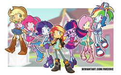 Size: 2720x1700 | Tagged: safe, artist:rvceric, character:applejack, character:fluttershy, character:pinkie pie, character:rainbow dash, character:rarity, character:sunset shimmer, character:twilight sparkle, character:twilight sparkle (scitwi), species:eqg human, my little pony:equestria girls, boots, bow, clothing, cowboy boots, cowboy hat, female, glasses, hair bow, hat, humane five, humane seven, humane six, jacket, leather jacket, shoes, sneakers