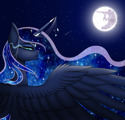 Size: 2400x2300 | Tagged: safe, artist:margo24, artist:minelvi, character:princess luna, species:alicorn, species:pony, collaboration, ethereal mane, female, full moon, galaxy mane, high res, horn, horn jewelry, jewelry, looking at you, mare, mare in the moon, moon, night, profile, rear view, regalia, shooting star, sky, slit pupils, solo, spread wings, starry night, stars, wings