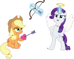 Size: 3623x2889 | Tagged: safe, artist:anime-equestria, character:applejack, character:rarity, species:earth pony, species:pony, species:unicorn, ship:rarijack, angel, arrow, blushing, bow (weapon), bow and arrow, confident, duo, female, halo, heart, holiday, jewelry, lesbian, levitation, love, magic, necklace, shipping, simple background, sitting, standing, standing up, telekinesis, transparent background, valentine's day, vector, weapon