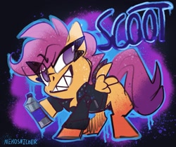 Size: 1677x1411 | Tagged: safe, artist:nekosnicker, character:scootaloo, species:pegasus, species:pony, abstract background, clothing, eye clipping through hair, female, filly, graffiti, hoof hold, jacket, looking at you, no pupils, sharp teeth, smiling, solo, spray paint, spread wings, teeth, wings