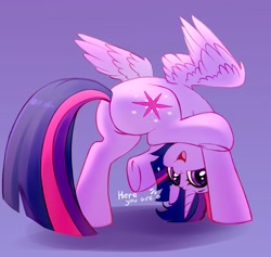 Size: 2248x2128 | Tagged: safe, artist:taneysha, character:twilight sparkle, character:twilight sparkle (alicorn), species:alicorn, species:pony, butt, cute, dialogue, ear fluff, female, heart, high res, looking at you, looking between legs, mare, open mouth, plot, purple background, silly, silly pony, simple background, solo, twiabetes, twibutt, upside down