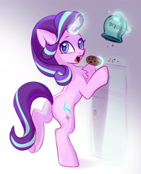 Size: 2420x2985 | Tagged: safe, artist:taneysha, character:starlight glimmer, species:pony, species:unicorn, back, bipedal, butt, caught, chest fluff, colored pupils, cookie, cookie jar, cookie thief, cute, female, food, glimmerbetes, glowing horn, high res, horn, magic, mare, open mouth, pure unfiltered evil, solo, telekinesis