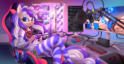 Size: 2333x1200 | Tagged: safe, artist:ask-colorsound, oc, oc only, oc:cinnabyte, species:anthro, adorkable, clothing, commission, cute, dork, gaming headset, gaming pc, gaming room, headset, pc, smash bros, smiling, socks, solo, stream setup, streamer, switch, thick