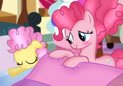 Size: 836x586 | Tagged: safe, artist:doraeartdreams-aspy, base used, character:li'l cheese, character:pinkie pie, species:earth pony, species:pony, episode:the last problem, g4, my little pony: friendship is magic, bed, cute, female, filly, mama pinkie, mare, older, older pinkie pie, sleeping