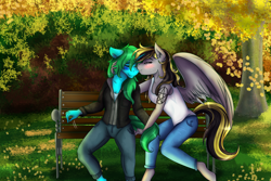 Size: 3000x2000 | Tagged: safe, artist:shamy-crist, oc, oc only, oc:fasty, oc:ink paint, species:anthro, species:pegasus, species:pony, bench, clothing, female, jacket, kissing, leaves, lesbian, mare, pants, shirt, tree