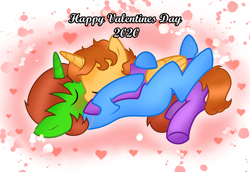 Size: 3454x2381 | Tagged: safe, artist:doraeartdreams-aspy, base used, oc, oc:aspen, oc:ryan, species:alicorn, species:pony, species:unicorn, bodysuit, catsuit, couple, cuddling, eyes closed, female, hippie, holiday, hug, jewelry, latex, latex suit, male, necklace, peace suit, peaceful, relaxing, romantic, rubber suit, sleeping, snuggling, straight, valentine's day
