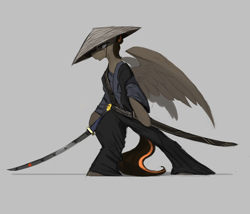 Size: 2240x1920 | Tagged: safe, artist:nsilverdraws, oc, oc only, oc:aegis sundown, species:pegasus, species:pony, backstory in description, clothing, conical hat, father, green eyes, hat, japanese, katana, male, scabbard, simple background, solo, straw hat, sundown clan, sword, weapon